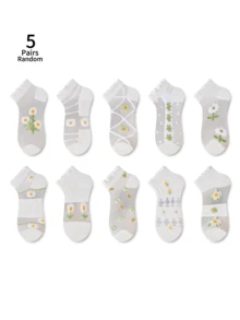 ZUJO 5 Pairs Women's Invisible Thin Short Socks, Floral Pattern, Suitable For Spring And Summer Daily Wear, Simple And Comfortable, Random Color - Clear - View 6
