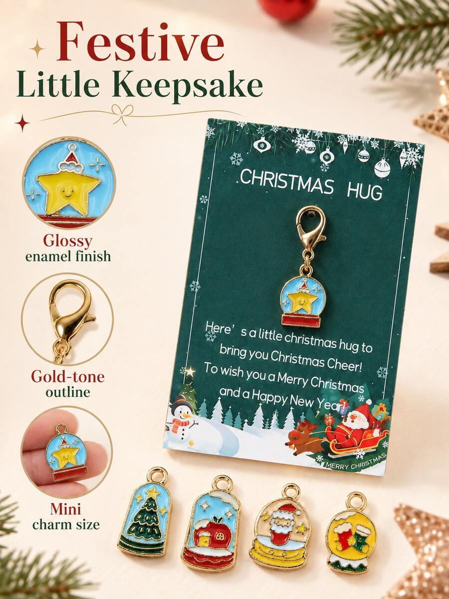 Christmas Themed Keychains With Greeting Card, Santa, Snowman, Gingerbread, Bell And Reindeer Charms, Holiday Gift For Friends And Family - Multicolor - View 1