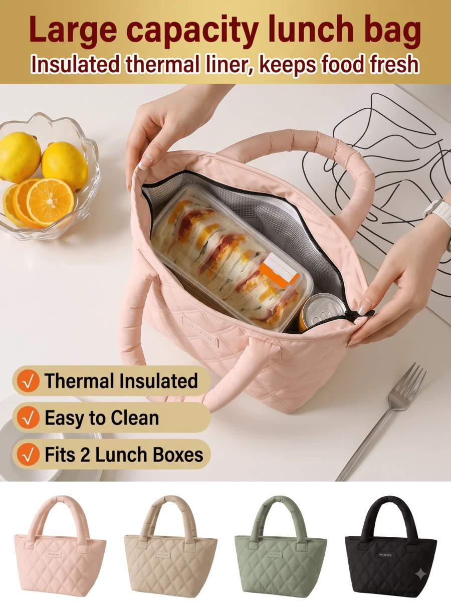 Powcan 7.5L Quilted Insulated Lunch Bag, Women's Waterproof Reusable Cooler Tote Bag, Soft Handle, 2-In-1 Thermal Storage Bag, Suitable For Work, School, Office And Travel - Multicolor - View 1