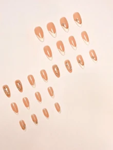 12片裝優雅白色法式金線3D珍珠水鑽裝飾杏仁形穿戴甲 - 彩色 - 查看 3