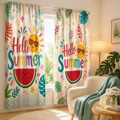 2 Peças Cortinas Decorativas com Estampa de Óculos da Moda e Melancia Desenho Animado Feito à Mão, Design de Bolso para Vara Sem Furos, Instalação Fácil e Removível, Material de Poliéster, Adequado para Quarto, Sala de Estar, Decoração de Casa Estilo Férias na Praia