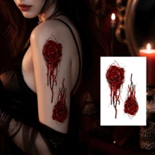 4 piezas de pegatinas de tatuaje temporal de rosa de sangre de Halloween, patrón de rosa gótica oscura con goteo, arte corporal unisex para cosplay, fiesta, actuación, decoración, brazo, muñeca, clavícula, accesorios para fotos, estilo oscuro, efecto de gota de sangre 3D, fiesta de verano, festival de música, rosa sangrienta de terror oscuro unisex, efecto fotográfico de atmósfera fuerte - Multicolor - Ver 5