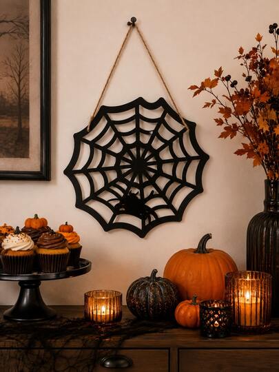 1pc Spider Web Decor Halloween Wall Hanging Black Gothic Ornament With Spider Rope Hanger For Front Door Porch Window Wall Fireplace Party Haunted House Indoor Outdoor Spooky Season Home Decor Trick Or Treat Entryway Seasonal Accent