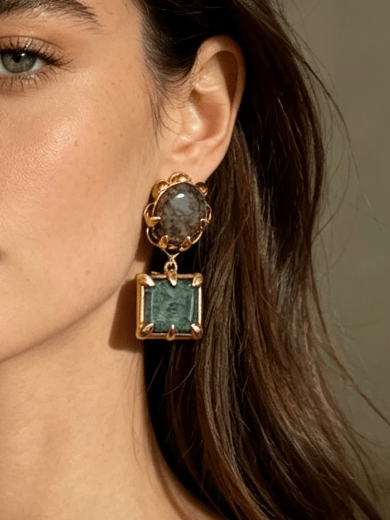 ZAA Antique Gold Two-Tier Gemstone Dangle Earrings, Vintage Medieval Earth Tone Statement Earrings For Fall Party
