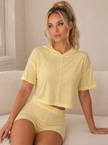 Sodalemon Women's Solid Color Hooded Deep U-Neck Backless Hollow-Out Drop Shoulder Drop Shoulder Short Home Cover-Up Top - Yellow - View 4