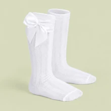 Girls' 3/4 Knee-High Party Socks With Satin Bow, 16-33, For Baptism, Wedding, Flower Girl, Social, Dance, Events, Elegant, School - 紅白色 - 查看 8