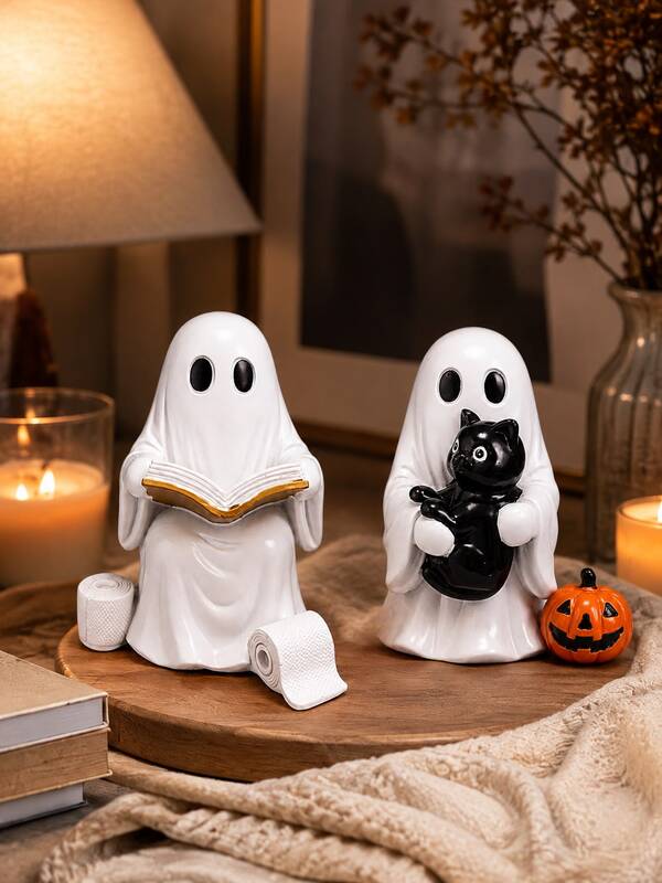 Adorable Halloween Ornaments - Resin Ghost Holding A Cat/Toilet Ghost Sculpture, Beautiful And Charming, Is The Ideal Choice For Decorating Small Spaces Such As Bookshelves Or Desktops; It Blends Eerie And Cute Styles.