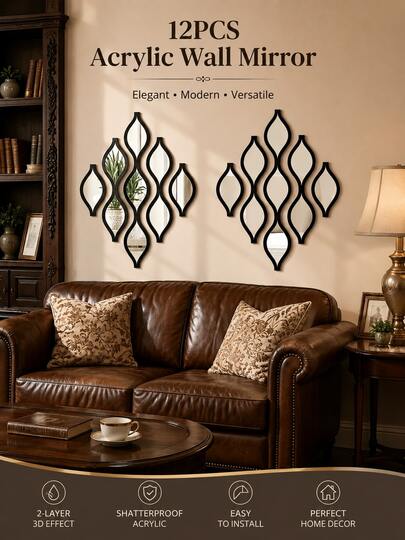 12pcs Teardrop Shaped Acrylic Mirror Wall Stickers, Self-Adhesive Decorative Wall Mirror Decals, DIY Mirror Wall Art For Living Room, Bedroom, Bathroom & Home Decor