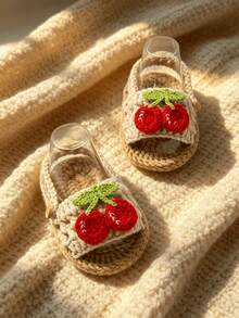 1 Pair Handmade Crochet Infant Sandals With Cherry Applique, White And Tan, Infant Summer Shoes - Beige - View 3