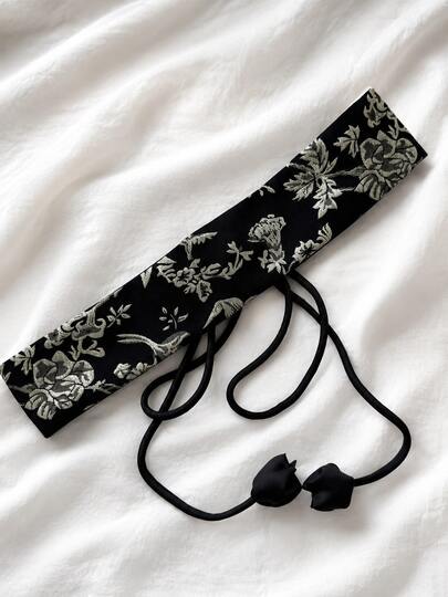 1pc Women's Black Floral Jacquard Waist Cincher With Tulip Pendant Fabric Tie, Adjustable Cinched Waist New Chinese Belt, Suitable For Suits, Hanfu, Coats, Daily Wear And Party Outfits