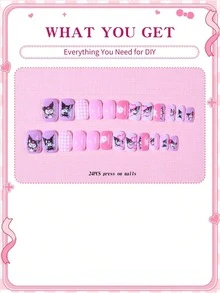 Sanrio Kuromi 24片 Y2K 短方型美甲貼，附可愛 Kuromi、花朵與愛心圖案，完美貼合壓克力假指甲組，Hello Kitty 美甲，適合女性與女孩日常使用 - 彩色 - 查看 3