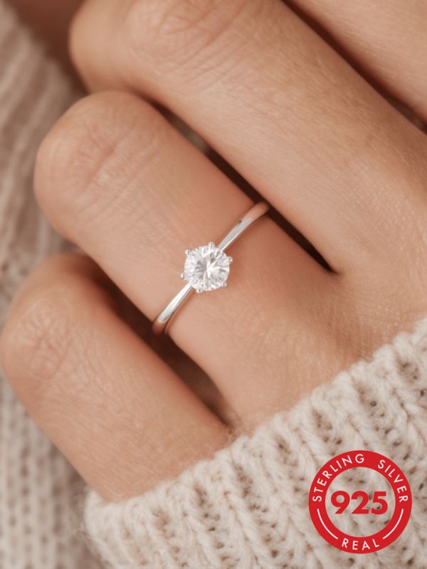 1pc S925 Sterling Silver Women's 6-Prong 1ct Round Moissanite Ring, Elegant Luxury Wedding Ring, Jewelry For Daily Wear, Dating, Party, Anniversary, Birthday, Valentine's Day, Christmas Gift