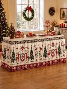 1pc Christmas Reindeer Christmas Tree Table Skirt, Nordic Country Style Polyester Red & Green Folk Floral Print Rectangular Buffet Dessert Table Cover, Suitable For Christmas Dinner, Holiday Party, New Year Home Decor - Multicolor - View 2