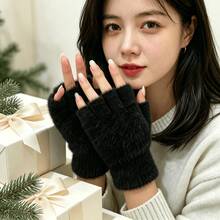 1 Pair Women's Fingerless Knit Plush Gloves, Essential For Winter Travel Warmth, 5 Colors Available - Black - View 6