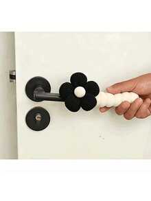 Black Floral Cream Door Handle Protector, Cream Floral Black Door Handle Protector - Multicolor - View 2