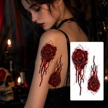 4 piezas de pegatinas de tatuaje temporal de rosa de sangre de Halloween, patrón de rosa gótica oscura con goteo, arte corporal unisex para cosplay, fiesta, actuación, decoración, brazo, muñeca, clavícula, accesorios para fotos, estilo oscuro, efecto de gota de sangre 3D, fiesta de verano, festival de música, rosa sangrienta de terror oscuro unisex, efecto fotográfico de atmósfera fuerte - Multicolor - Ver 6