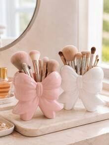 1pc Elegant Bow Design Makeup Brush Holder, Suitable For Vanity Tabletop, Cute Princess Style Cosmetic Storage Display Rack, Can Hold Brushes, Pencils, Lipsticks, Bedroom Bathroom Office Desk Decor Storage Bin - Multi-color 1 - View 1