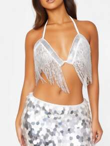 Sequin Fringe Halter Bra Large Sequin Tie Hip Skirt Latin Dance Stage Party Outfit (Multiple Colors Available) - Multicolor - View 4
