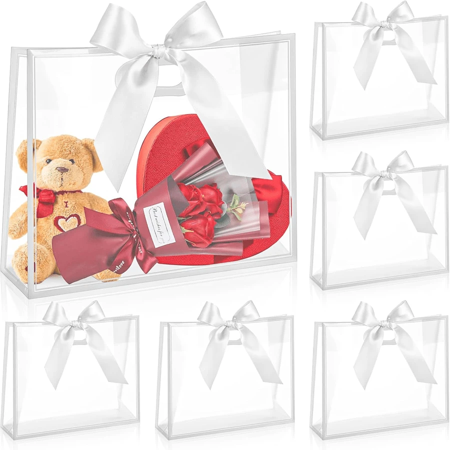 10pcs Clear Plastic Gift Bags With Punch Handle, Reusable, With Ribbon, Suitable For Birthday, Wedding, Bridal Shower, 12 X 10 X 5 Inches (White And Black) - Gift Bag - View 1