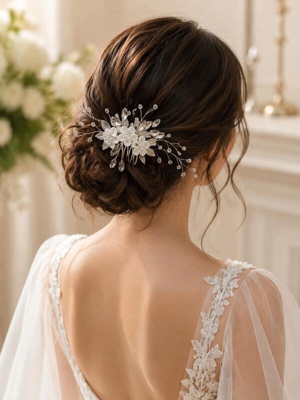 1pc Elegant Handmade Floral Bridal Hair Comb, Crystal Rhinestone Leaf Silver Wedding Side Hair Clip, Bridal Bridesmaid Party Headpiece