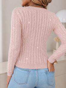 ChicMe Cardigan Rajut Kabel Berpayet Wanita, Leher V, Kancing Depan, Lengan Panjang, Sweater Modis, Pakaian Luar - Berwarna merah muda - View 2