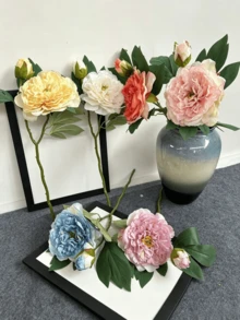 1pc Artificial Peony Flower With Buds And Green Leaves, Realistic Faux Peony, Artificial Flower, Fake Flower, Suitable For Home Decor, Room Decor, Bedroom Decor, Wedding Decor, Tabletop Decor, Indoor And Outdoor Decor, Autumn Decor, Halloween Decor - Multicolor - View 3