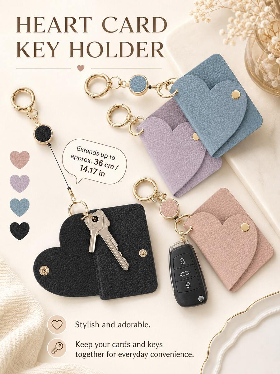 Fashionable Heart-Shaped Retractable Keychain & Storage Pouch, Can Store Coins, Smart Car Keys And Transit Cards; Equipped With 36cm Retractable Cord, 360° Rotating Clip And Premium Microfiber, Designed With Lightweight And Compact Mini Wallet Style; Suitable For Home Keys, Daily Commute Or As Bag Charm, Effectively Prevent Loss Of Items - Multicolor - View 1