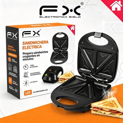 Sandwichera Eléctrica de 750W con Recubrimiento Antiadherente y Luces LED Indicadoras, Tapa con Mecanismo de Cierre, Ideal para Desayunos y Meriendas