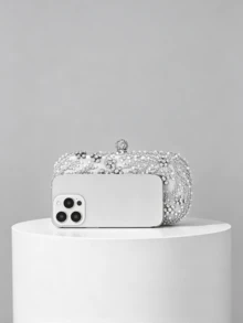 1pc Silver Beaded Evening Clutch, Silver White Pearl Rhinestone Woven Pattern, Spherical Full Rhinestone Lock, Hard Shell Box Body, With Detachable Chain, Evening Party Wedding Dress Matching Clutch - Silver - View 5
