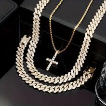 3pcs/Set, Unisex, Cross Pendant Necklace And Bracelet Set, Cuban Link Bracelet, Customizable Cuban Link Bracelet, Miami Cuban Link Bracelet With Cubic Zirconia - Gold - View 9