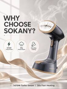 SOKANY 便攜式掛燙機與蒸汽熨斗，可折疊手持設計，30秒快速加熱，120ml可拆卸水箱，7個蒸汽噴嘴，360°多角度熨燙，陶瓷底盤 - 黑色 - 查看 4