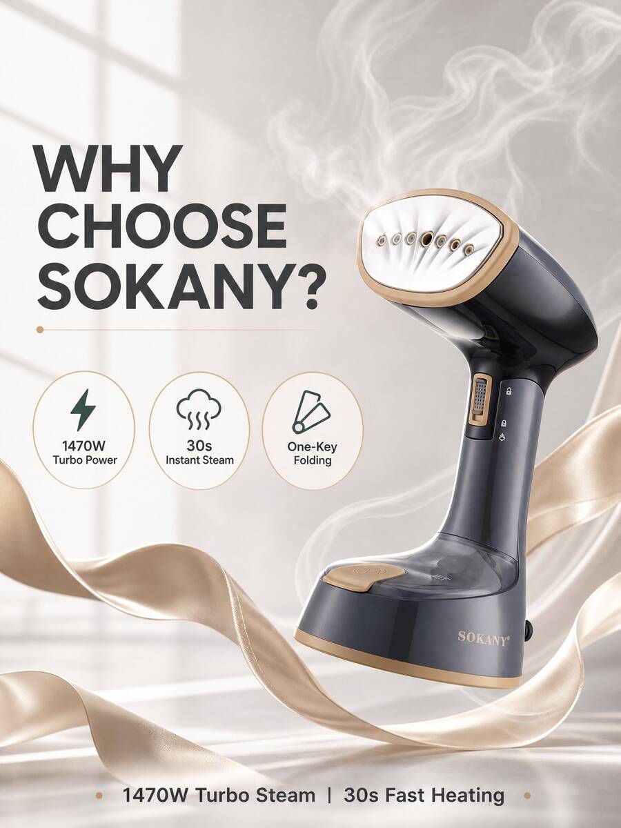 SOKANY Setrika Uap Portabel, Desain Genggam Lipat, Pemanasan Cepat 30 detik, Tangki Air Lepas Pasang 120ml, 7 Nozel Uap, Setrika Multi-Sudut 360°, Pelat Alas Keramik - Hitam - View 1