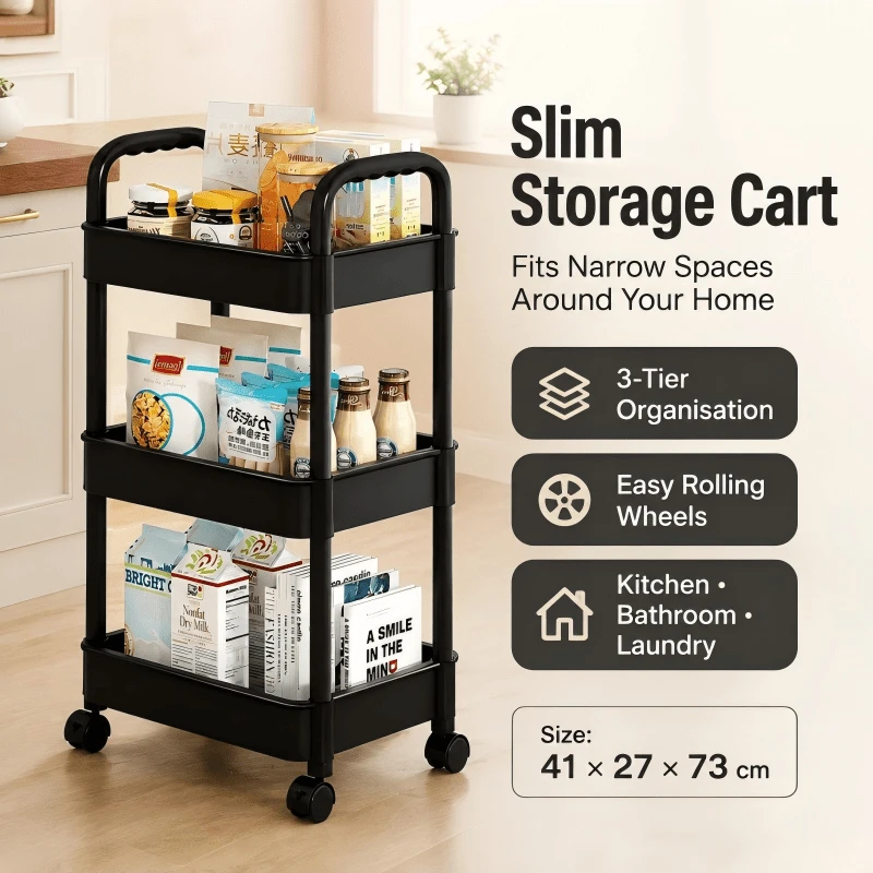 3 Tier Storage Trolley On Wheels – Narrow Rolling Rack For Kitchen Bathroom Laundry, Black/White Space-Saving Organiser - Black - View 1