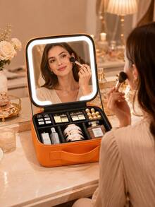 LED Makeup Mirror Cosmetic Bag, Large Capacity Cosmetic Storage, 3 Color Lights, Dimmable Touch Control, Adjustable Dividers, Portable Travel Cosmetic Organizer, Skincare, Brushes & Cosmetics, Gift For Girls And Women - Multicolor - View 11