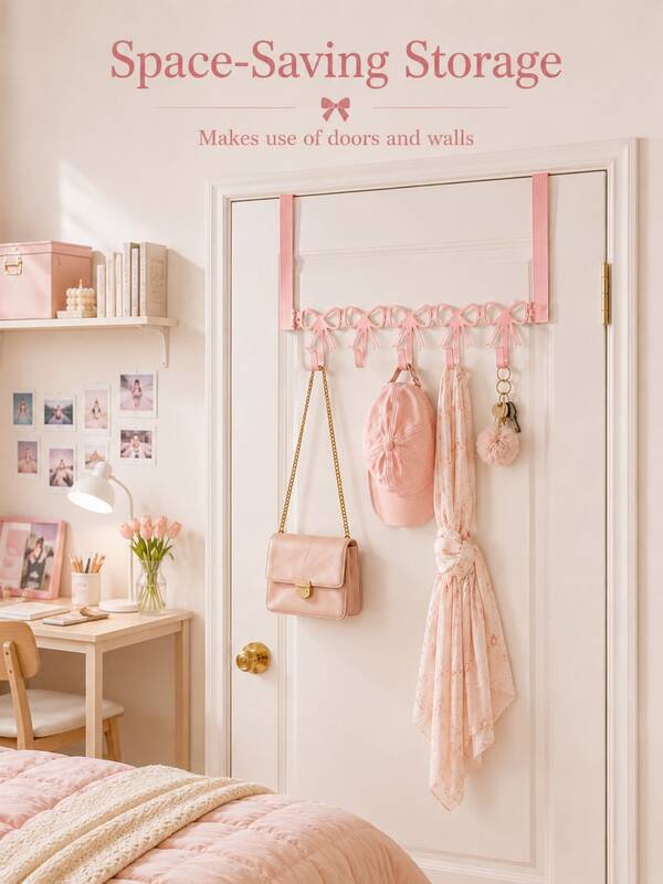 Gancho de metal con forma de lazo rosa, diseñado para colgar en la puerta, elegante soporte para toallas con lazo, decoración linda para la habitación, regalo de Navidad, adecuado para la habitación de niñas, gabinete, sala de estar, baño y dormitorio, decoración multifuncional y ahorradora de espacio