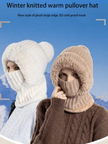 6 Colores Estilo Coreano Pasamontañas Todo en Uno de Punto, Conjunto de Gorro Bufanda Máscara Facial 3 en 1 Forrado de Felpa, Ribete de Piel, Talla Única Elástica, Resistente al Viento Cálido Invierno Ciclismo Esquí Navidad Exterior Uso Diario Gorro Cálido - Multicolor - Ver 10