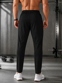 1pc Men's Sports Jogger Pants, With Secure Zipper Pockets, Adjustable Drawstring Waist, Pure Black Tapered Ankle Length, Suitable For Gym, Running, Workout, Outdoor Casual Wear - Black - View 2