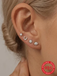 4pcs/Set Star & Moon 925 Sterling Silver Hypoallergenic Women's Stud Earrings, Sweet Style, Suitable For Wedding Bride Jewelry - Silver - View 3
