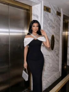 Off-Shoulder Rhinestone Embellished Black Knit Fabric Fitted Formal Party Maxi Dress Wedding Fall - Black and White - View 2