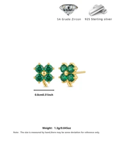 Minimalist Elegant Green Clover S925 Silver Stud Earrings, 18K Gold Plated Delicate Ear Jewelry For Women Office Dating - Green - View 3