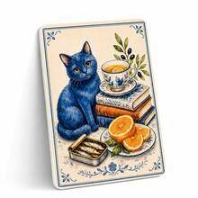 Vintage Blue Cat Fridge Magnet, Cute Aesthetic Kitchen Decor, Book & Tea Motif, Strong Magnetic Refrigerator Sticker For Cat Lovers, Unique Housewarming Gift - 1PC - View 6