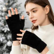 1 Pair Women's Fingerless Knit Plush Gloves, Essential For Winter Travel Warmth, 5 Colors Available - Black - View 2