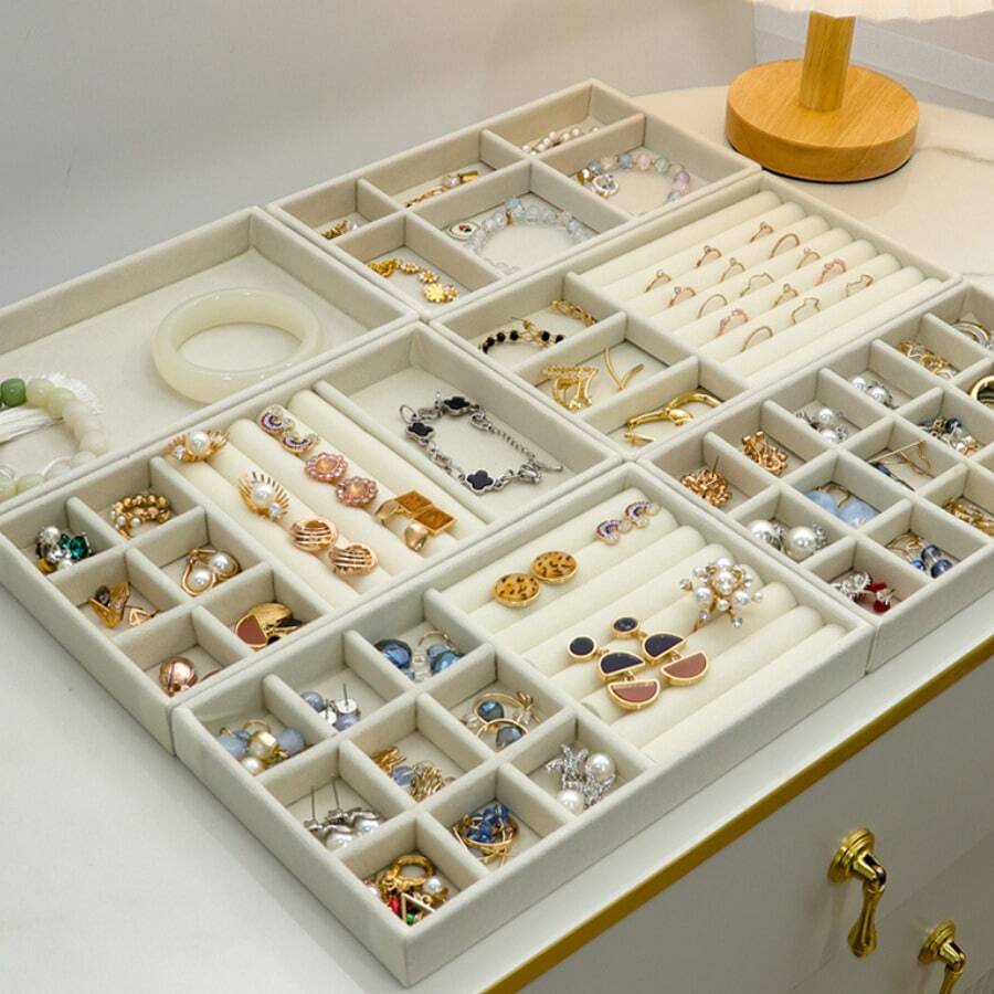 Large Capacity Multi-Layer Jewelry Storage Box With Transparent Lid, Divided Tray For Earrings, Rings, Bracelets And Necklaces - Beige - View 1