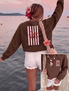 Women's Brown Short Sweatshirt, Pink Vertical Striped Ciao Bella Cursive Back Print Long Sleeve Beach Pullover - Brown - View 1