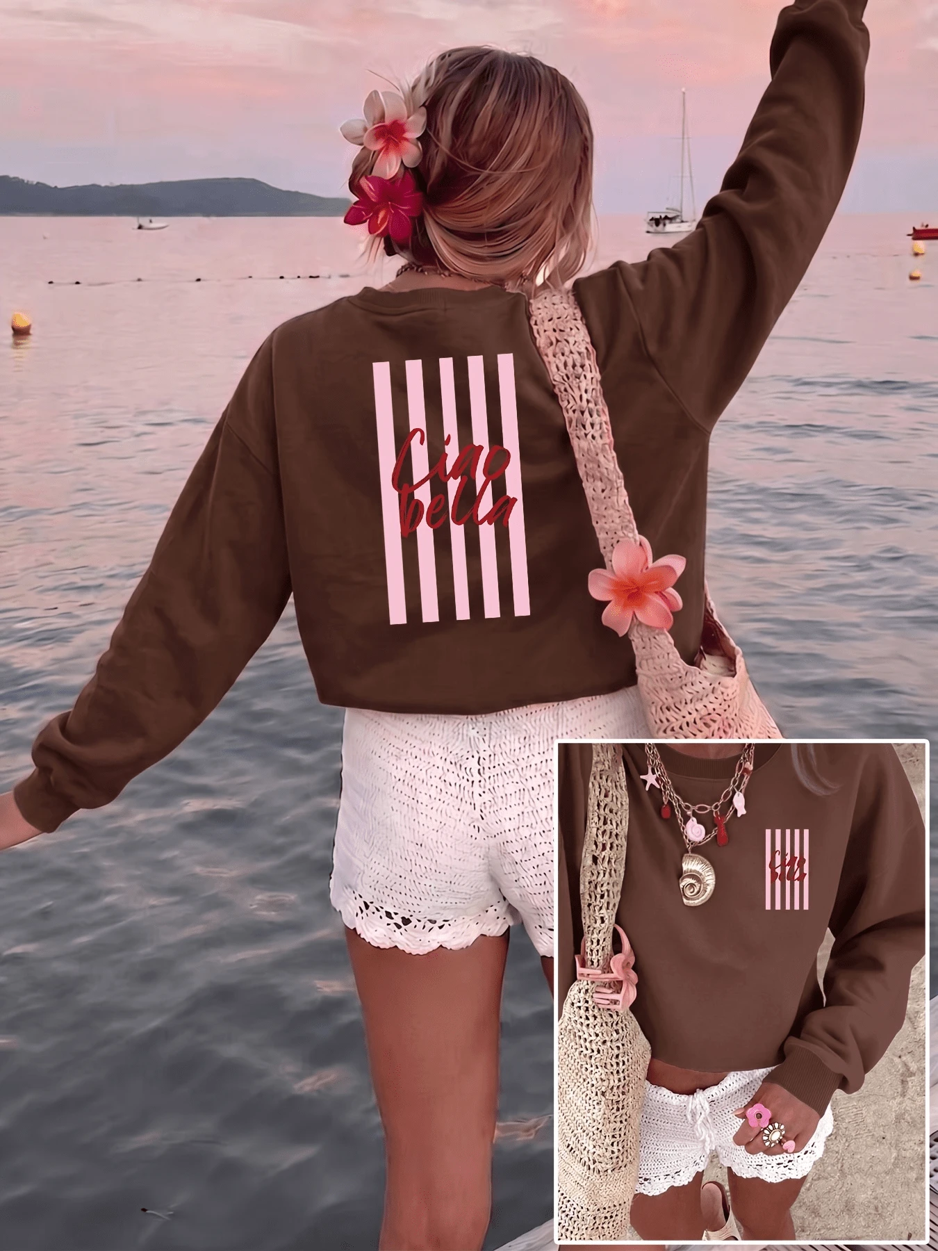 Women's Brown Short Sweatshirt, Pink Vertical Striped Ciao Bella Cursive Back Print Long Sleeve Beach Pullover - Brown - View 1