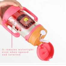 1pc 400ml/13oz Cartoon Straw Water Cup, Dual Handle Straw Cup, Safety Lock, Convenient Strap, Suitable For Daily Use - Multicolor - View 4