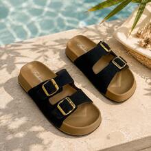 Summer New Double Strap Thick Sole Sandals For Women, Outdoor Wear, Retro Versatile Elegant Style, Slip-On Sandals, Beach Sandals, Slides, Lightweight & Delicate - Black - View 7
