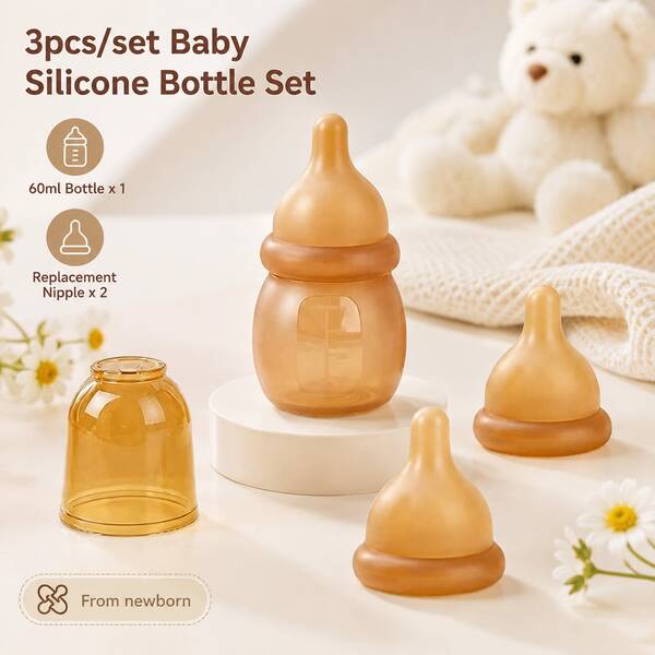 3pcs/Set 60ml/2.03oz Silicone Mini Baby Bottle + Replacement Nipple Set, Anti-Colic Breastmilk-Like Feeding Bottle, Soft Full Silicone For Newborns, Suitable As Newborn Gift