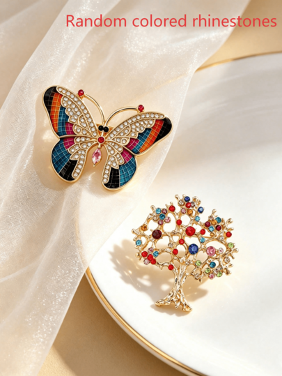 2pcs Brooch Set, Vintage Colorful Rhinestone Tree Of Life & Rainbow Enamel Butterfly Lapel Pin, Crystal Badge Jewelry, Suitable For Suit, Scarf, Coat, Elegant Women Jewelry Gift (Random Colorful Rhinestones)