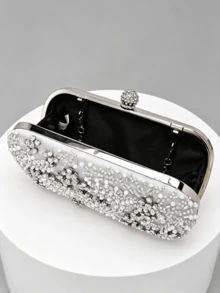 1pc Silver Beaded Evening Clutch, Silver White Pearl Rhinestone Woven Pattern, Spherical Full Rhinestone Lock, Hard Shell Box Body, With Detachable Chain, Evening Party Wedding Dress Matching Clutch - Silver - View 4